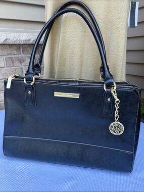 Annie Klein Black Leather Satchel with Gold-Tone Charm